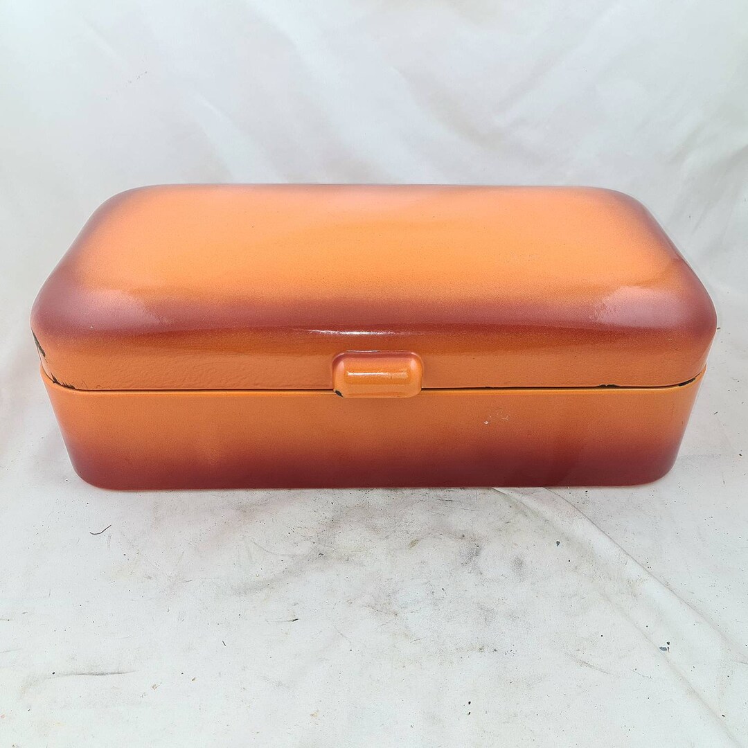 Vintage Enamel BREAD BOX Enamelware Orange Flamed Bin Brotkasten Bread