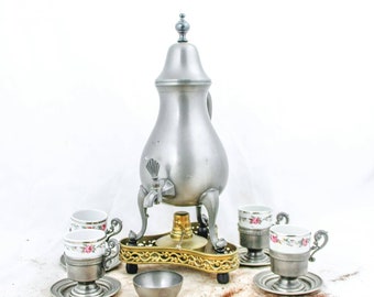 Dutch METAWA HOLLAND Pewter Coffee Pot tap oil burner Samovar Coffee cups Porcelain Roses Tap jug 94% Edeltin