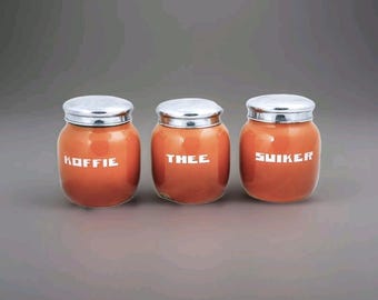 Vintage CANISTER SET Enamelware Coffee Sugar Tea Orange Flamed Dutch Enamel Jars RARE Round Belly shape c1950 Storage Cans Storage Tins