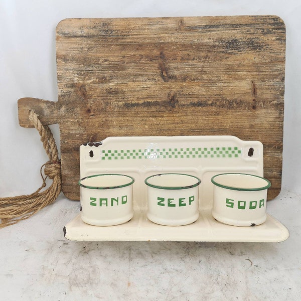 Vintage wall hanging CANISTER SET in Holder Sand Soap Soda Storage Jars Pots Enamel Spoon Rack sand soap soda