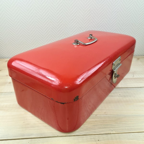 Vintage Enamel bread box enamelware bin food storage container Enamel bread bin Enamel bread boxes Emaillee boite au pain