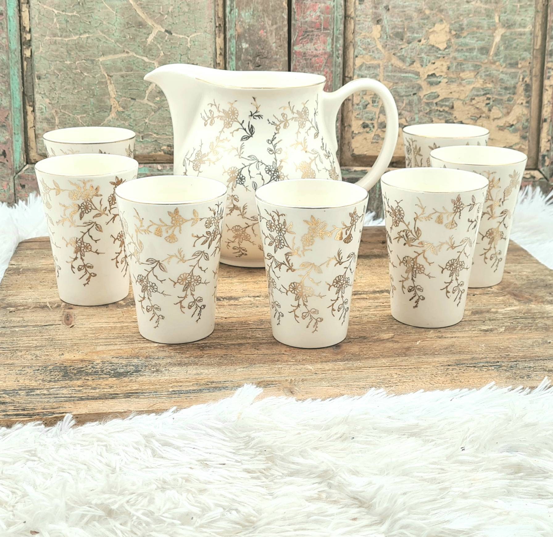 P. REGOUT Maastricht milk water chocolate Pitcher Jug Pot Can Gold with 7 Mugs Cups