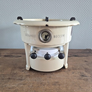 Vtg. Beccon Enamelware Stove Kerosene 3-wick Enamel camping cooker Paraffin Offwhite Petroleum stove Cooking appliance Dutch Campstove