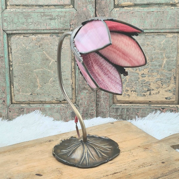 RESERVED : Vintage Loevsky & Loevsky WMC table lamp Lily pad Gooseneck Pink Shade Tiffany Style Flower Light