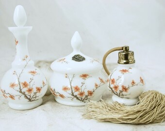 Vtg OPALINE Vanity set VAB BOUSSU Toilette set Perfume Bottle, Atomizer, Powder Jar