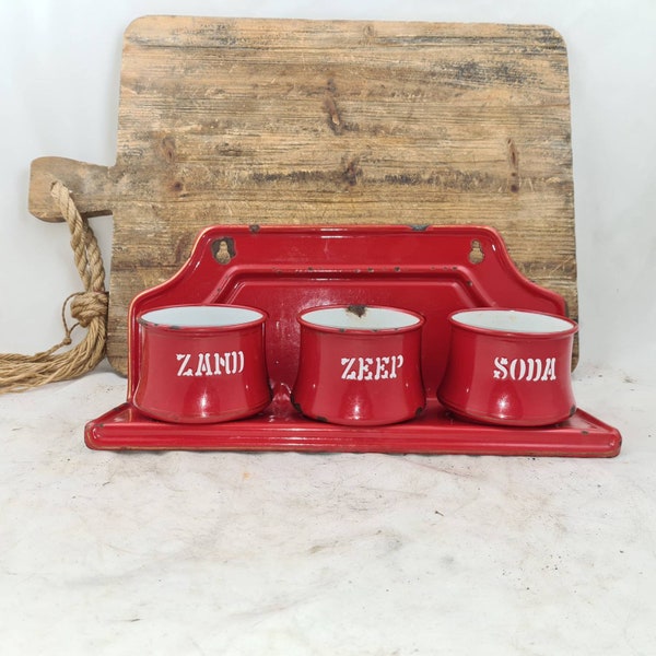 Vintage wall hanging CANISTER SET in Holder Sand Soap Soda Storage Jars Pots Enamel Spoon Rack