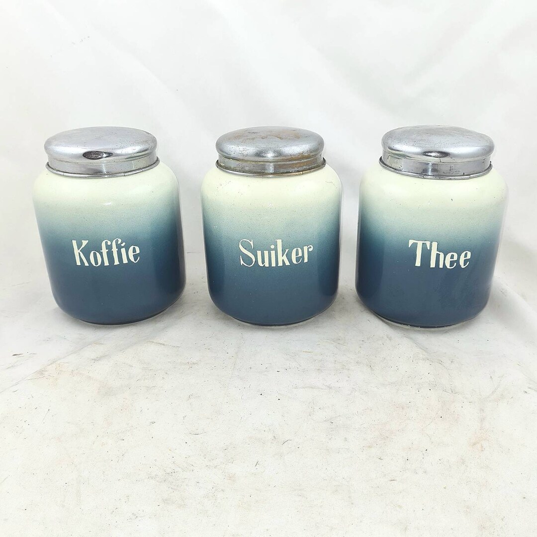 Vintage CANISTER SET Enamelware Coffee Sugar Tea Dutch Enamel Jars Pots