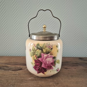 Antique PADDY England Porcelain Biscuit Jar Barrel EPNS Lid/Handle Roses Biscuit Jar
