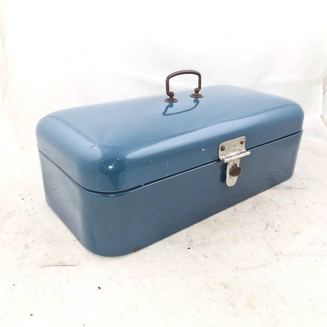 Enamel BREAD BOX DUTCH Enamelware Bread Box Bin Container Large Petrol