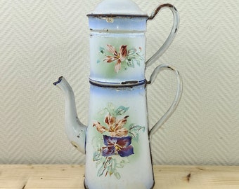 Vintage French Enamelware Cafetiere Japy enamel Coffee Pot Maker with Filter floral pansies design Enamel Coffee Pot
