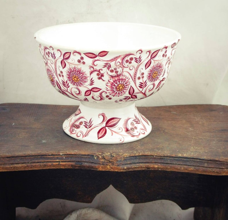 Ceramic footed bowl white with pink floral design