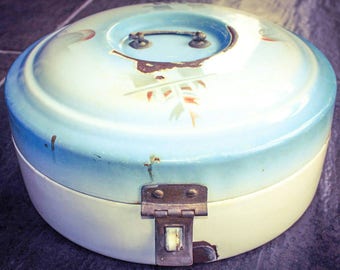 Vintage Enamel Bread Box Enamelware Dutch Round Breadbox ART DECO Bin Broodtrommel