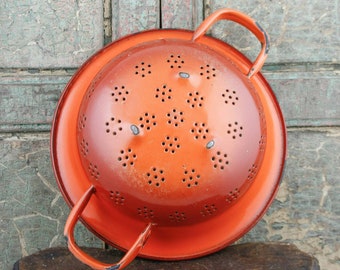 VINTAGE Dutch COLANDER Enamel Orange Flamed Gray Enamelware Graniteware Colander