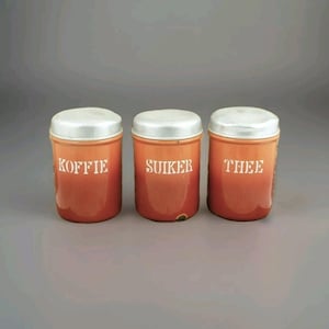 Vintage Enamelware Canister set orange flamed containers enamel coffee tea sugar jars