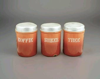 Vintage Enamelware Canister set orange flamed containers enamel coffee tea sugar jars