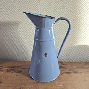 Vintage French Enamel pitcher jug water enameled Blue enamelware LARGE can Lampet jug Pouring jug Watering can
