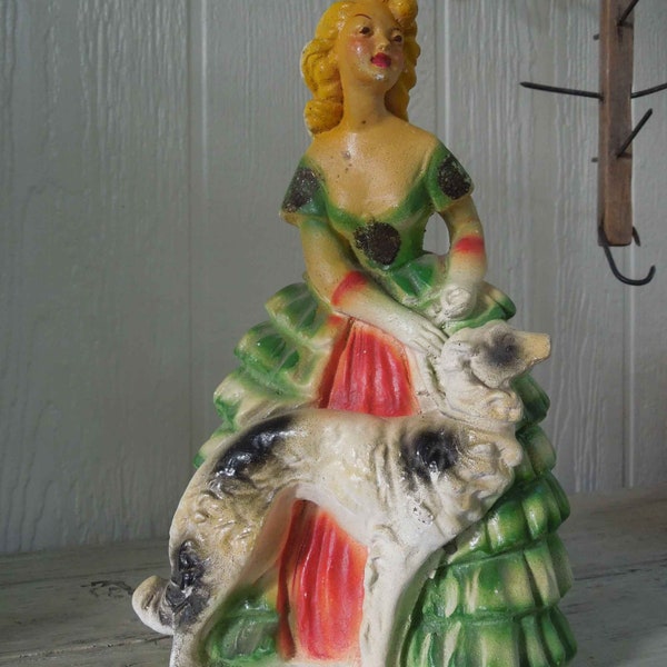 Vintage Chalkware. Lady and Her Dog.  1950's Decorative Figurine.