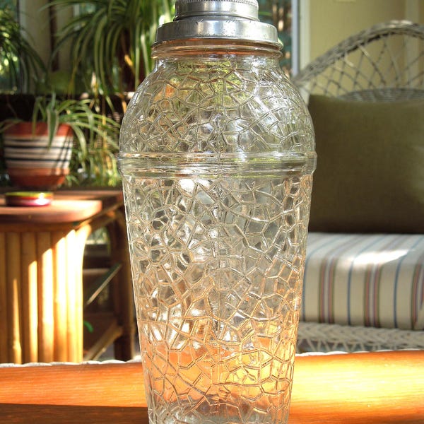 Vintage Crackle Glass Shaker. Aluminum 2 Part Lid. Cocktail Mixer.