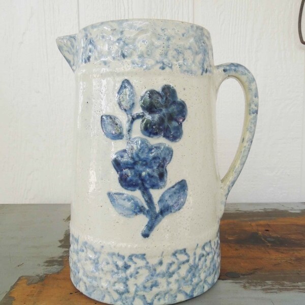 Blue Spongeware Pitcher Etsy