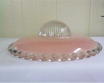 Glass Ceiling Fixture Shade. Art Deco. Pink with Textured Glass Dome and Beaded Rim.