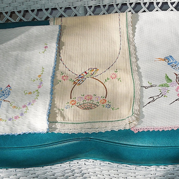 Vintage Birds and Flowers Table Runners. Three (3) Hand Embroidered Dresser Scarves.