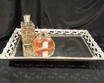 Vanity Rectangular Mirrored Tray. Gold Tone Metal Filigree Tray. Hanging or Counter Top Mirror. Hollywood Regency.