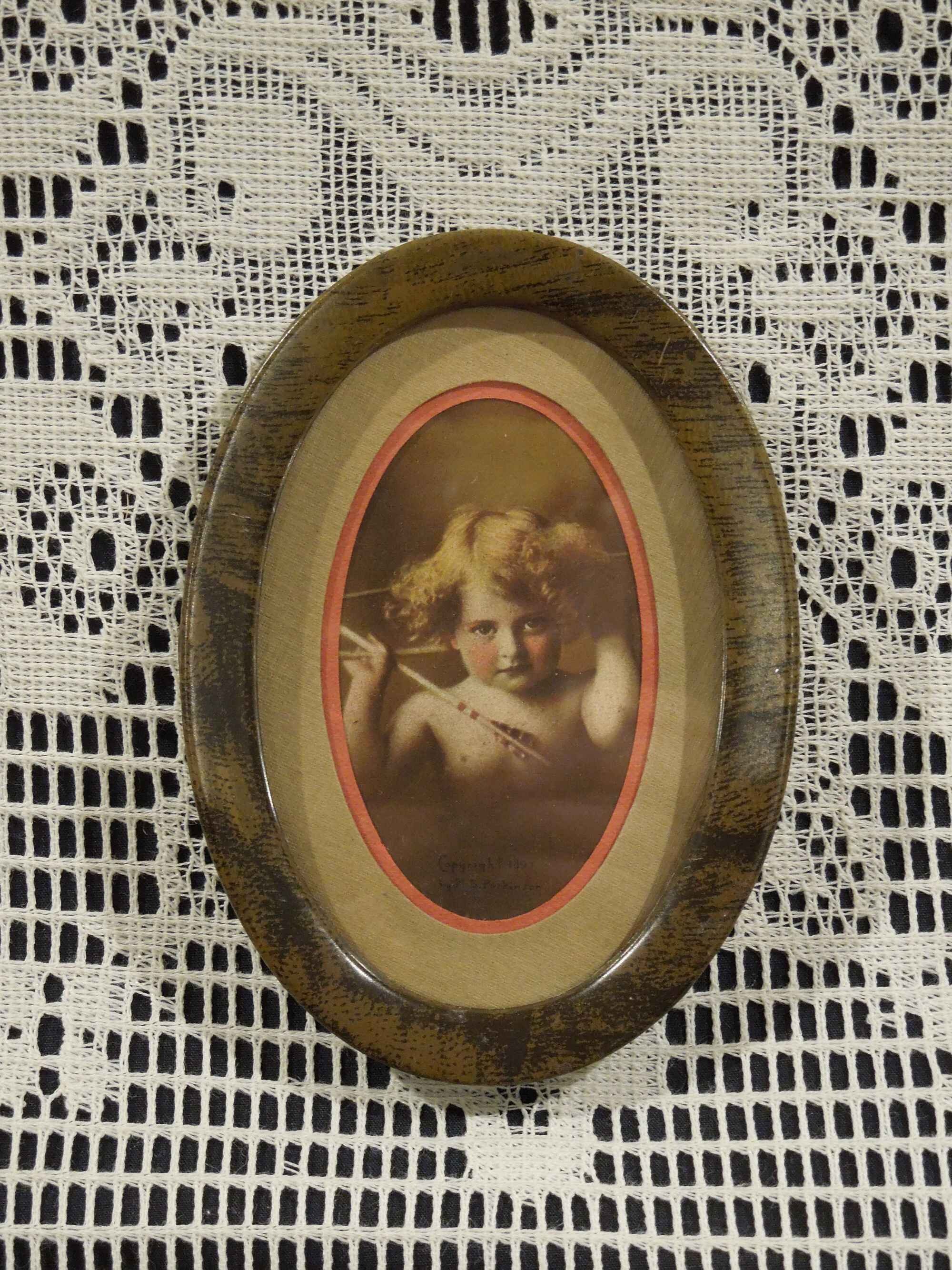 Antique Cupid Awake Framed Print Tin Oval Frame With 2 Mats Etsy