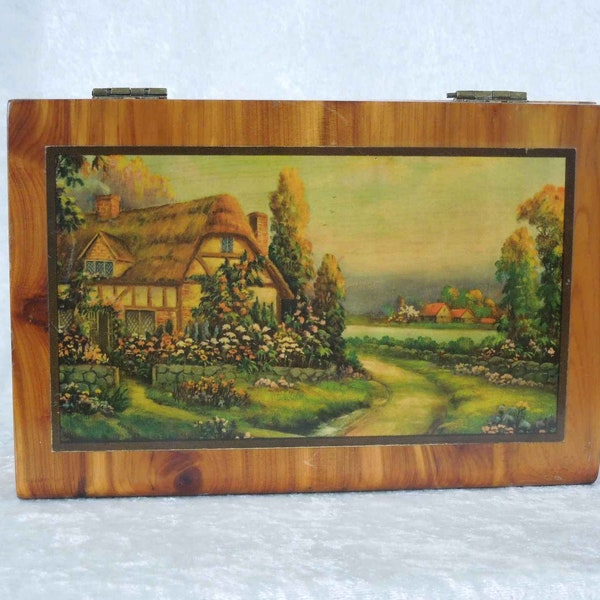 Vintage Cedar Jewelry Box. Cottage Scene. Cedar Storage Container.