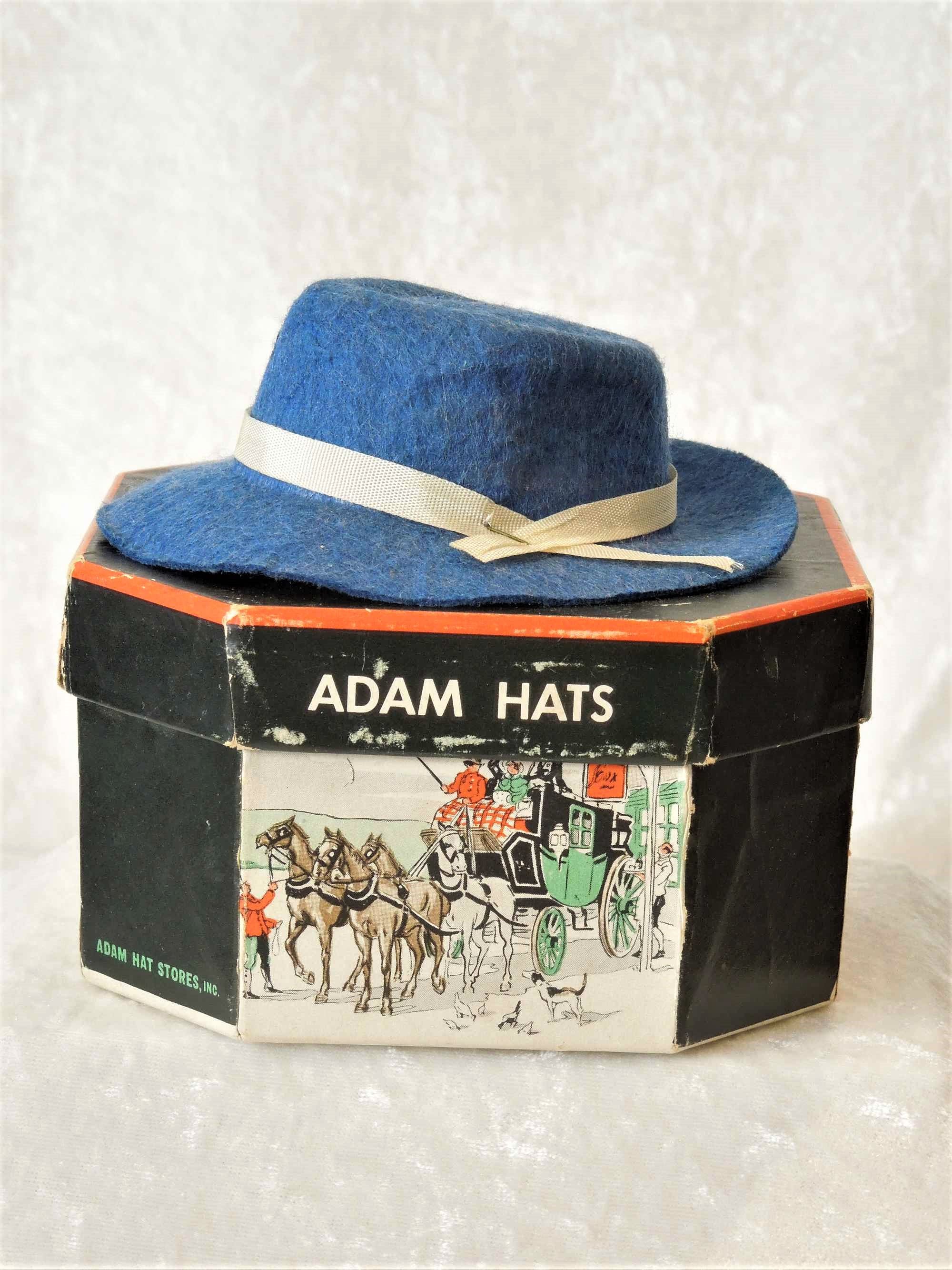 Vintage Adam Hats Miniature Hat Box and Blue Felt Hat. Gift Vintage Adam Hats Miniature Hat Box and Blue Felt Hat. Gift