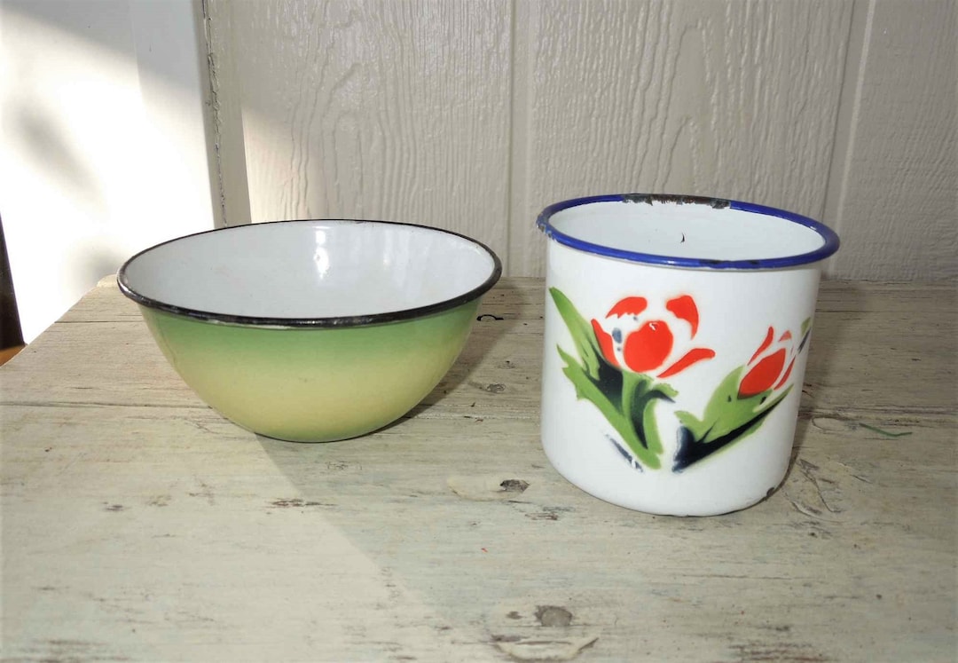 Enamelware Bowl and Cup. Vintage Butterfly Brand Cup. Two Tone Green