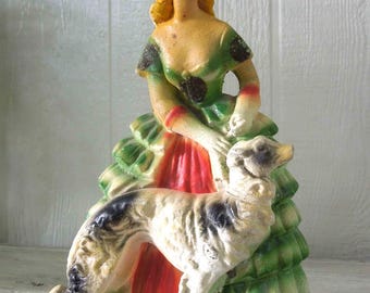 Vintage Chalkware. Lady and Her Dog.  1950's Decorative Figurine.