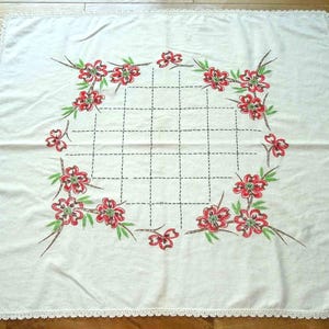 Vintage Embroidered Tablecloth. Red Flowers and Greenery. Crocheted Edging. Festive Table Cover for Holiday. 33 1/2&quot; x 36&quot;.