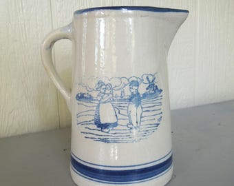 Rare Stoneware Pitcher. Dutch Boy and Girl. Banded Dutch Landscape Scene.