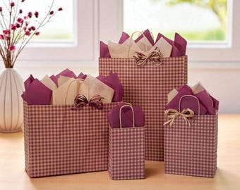 BURGUNDY GINGHAM Design Print Kraft Party Gift Paper Bag ONLY Choose Size
