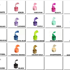 May include: A chart of 20 different colours of curling ribbon. The ribbon is arranged in a grid of five rows and four columns. Each colour is labelled with its name.