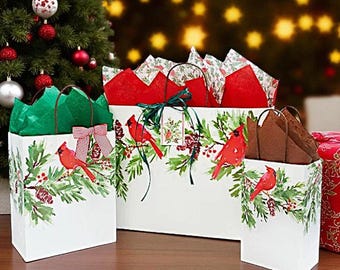 CHRISTMAS CARDINAL Design Print White Kraft Shopping Gift Paper ((Bag Only)) Choose Size & Package Amount