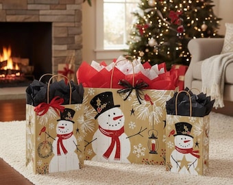 RUSTIC BERRY SNOWMAN Design Christmas Shopping Gift Paper ((Bag Only)) Choose Size