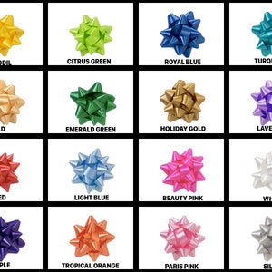 May include: A grid of colorful gift bows in various shades, including Daffodil, Citrus Green, Royal Blue, and Turquoise. Each bow has a label with its color name. Other colors include Gold, Emerald Green, Holiday Gold, Lavender, Red, Light Blue, Beauty Pink, White, Purple, Tropical Orange, Paris Pink, and Silver.
