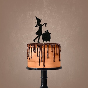 Glitter WITCH & CAULDRON  Silhouette Design Halloween Cake Topper 6.5&quot; Tall Choose Single or Double Sided