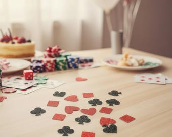 Confeti con forma de naipe con purpurina para decoración de mesa, ideal para fiestas de casino y póker. Elige el tamaño y la cantidad del paquete.