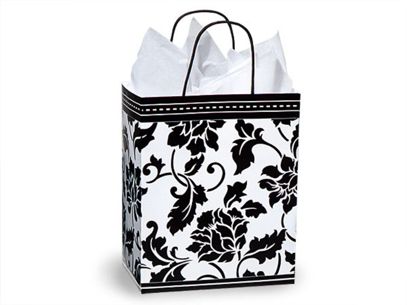 FLORAL BROCADE Gloss Design Print CUB Size 8.25x4.75x10.25 Bag With Choice of Tissue Paper Color and Package amount