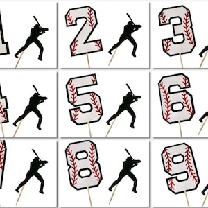 BASEBALL BATTER Number Glitter Print Design Birthday Cake Topper 5.5&quot; Tall Choose Number
