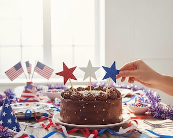 Patriotic Red, White & Blue Glitter 2-1/2" STARS Cupcake Toppers Birthday Party Decor CHOOSE Package Amount
