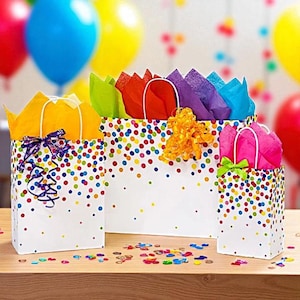 RAINBOW CONFETTI Design Print White Kraft Shopping Gift Paper Bag Only Choose Size & Package Amount