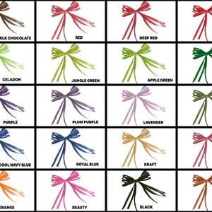 May include: A collection of 16 different colored ribbon bows, each tied in a classic bow shape. The colors include milk chocolate, red, deep red, hot red, celadon, jungle green, apple green, kelly green, purple, plum purple, lavender, olive green, cool navy blue, royal blue, kraft, burgundy, orange, beauty, black, and terra cotta.