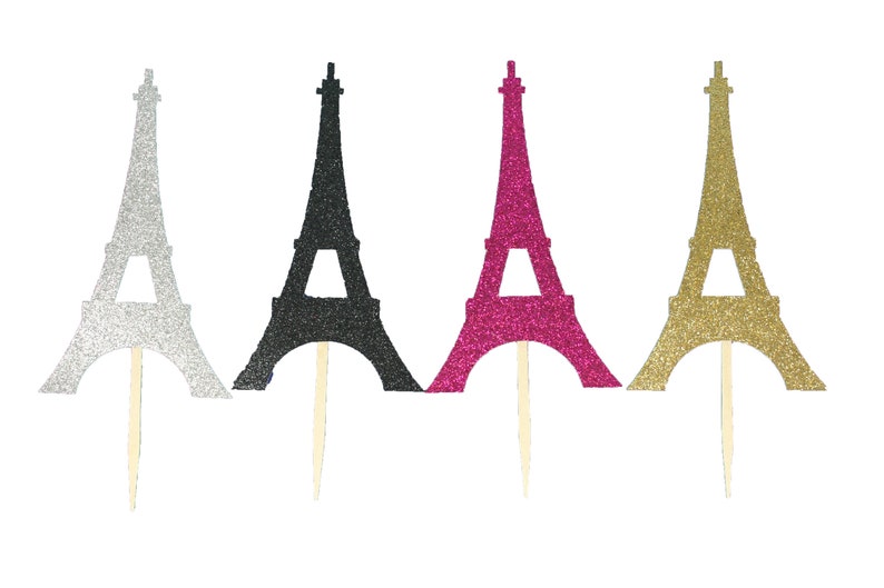 GLITTER EIFFEL TOWER Shape Cupcake Topper Pick 4\u201d Tall by 2-14 Wide Choose Color and Package Amount