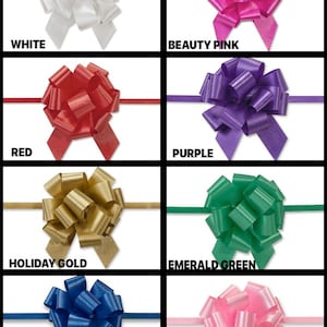 May include: A collection of eight decorative gift bows in white, beauty pink, red, purple, holiday gold, emerald green, dark royal blue, and pink. Each bow features a textured ribbon finish and is centered on a matching horizontal ribbon strip.