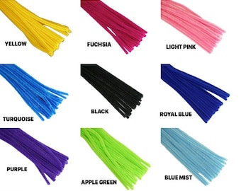 May include: Assortment of 12 colors of pipe cleaners, including white, brown, red, yellow, fuchsia, light pink, turquoise, black, royal blue, purple, apple green, blue mist, holiday green, orange, and dark lavender.