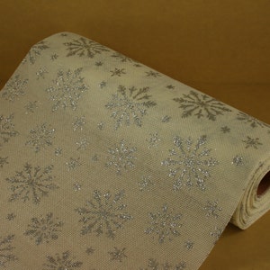 12" Artificial Faux off-White Color Burlap with Silver Glitter Snowflakes Roll 10 Yds (CLOSEOUT)