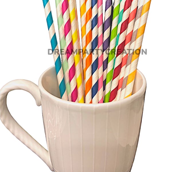 Assorted Colors Eco-Friendly 7.75" STRIPED Design Paper Straws Choose Package Amount